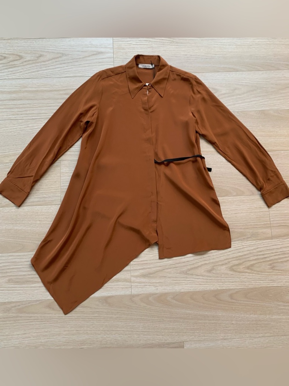 Dorothee Schumacher Long Sleeve Asymmetrical Blouse Brown 100% Silk NWT Size XS
